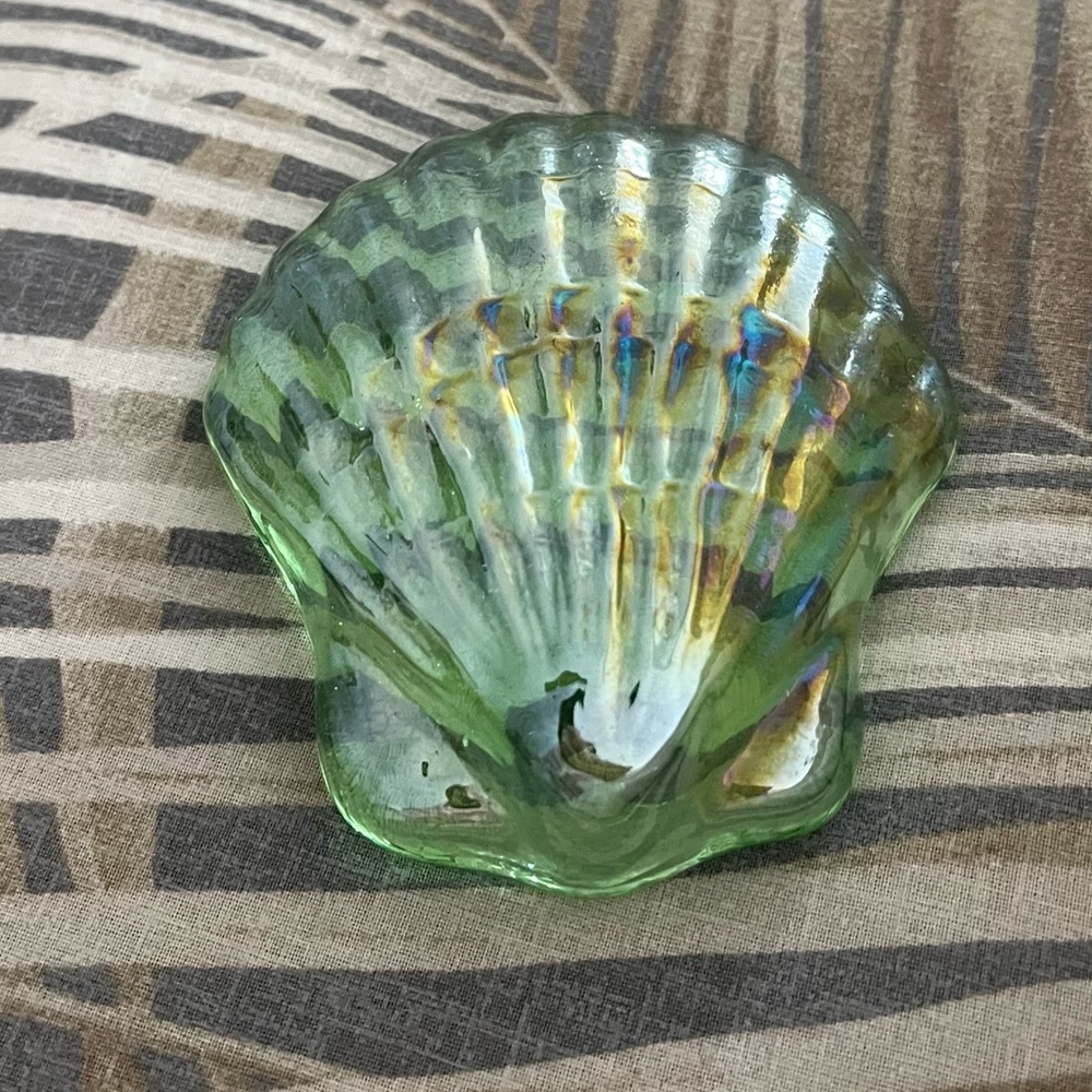 Gorgeous Green Iridescent Glass Sea Shell Paper Weight- Decorative Home Art